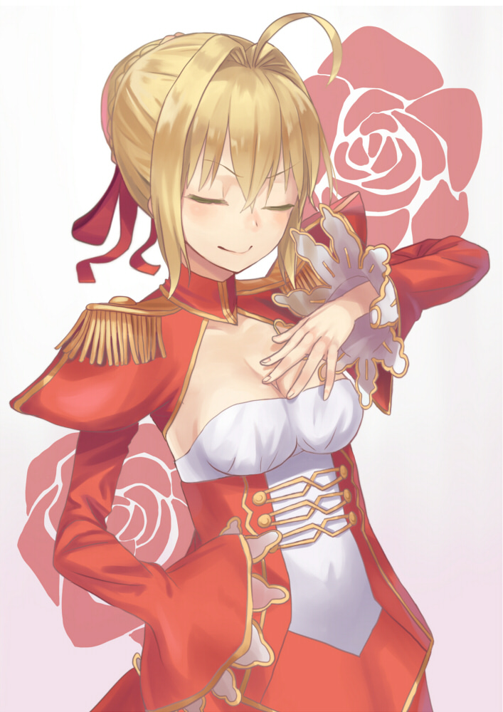 1girl ahoge bangs blonde_hair braid breasts cleavage closed_mouth commentary_request doonatsu. dress epaulettes eyebrows_visible_through_hair fate/extra fate_(series) fingernails gradient gradient_background grey_background hair_between_eyes hair_bun hair_intakes hand_on_hip hand_on_own_chest juliet_sleeves long_sleeves medium_breasts nero_claudius_(fate) nero_claudius_(fate)_(all) puffy_sleeves red_dress smile solo v-shaped_eyebrows wings