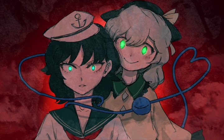 2girls black_hair empty_eyes glowing glowing_eyes green_eyes grey_hair hat komeiji_koishi looking_at_viewer meimaru_inuchiyo multiple_girls murasa_minamitsu red_background sailor_collar sailor_hat short_hair smile third_eye touhou