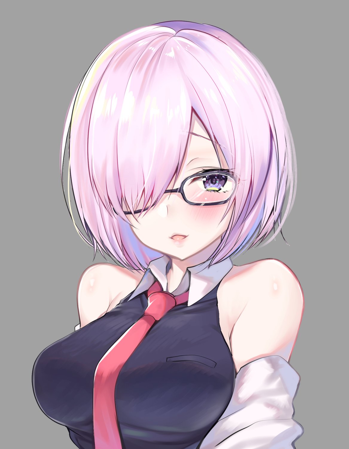 1girl :d arms_at_sides ayuma_sayu bangs bare_shoulders black-framed_eyewear black_dress breasts collared_dress dress eyebrows_visible_through_hair eyelashes fate/grand_order fate_(series) glasses grey_background grey_jacket hair_over_one_eye highres jacket long_sleeves looking_at_viewer mash_kyrielight medium_breasts necktie off_shoulder open_mouth pink_hair raised_eyebrows red_neckwear shiny shiny_hair short_hair sleeveless sleeveless_dress smile solo track_jacket upper_body violet_eyes wing_collar
