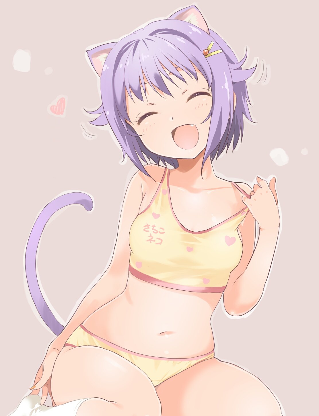 1girl animal_ears arm_at_side artist_name bare_arms bare_shoulders bed_sheet blush breasts cat_ears cat_tail closed_eyes clothes_writing collarbone fang hair_ornament hairclip head_tilt heart highres idolmaster idolmaster_cinderella_girls inoue_sora kneehighs koshimizu_sachiko lavender_hair leaning_to_the_side nail_polish navel no_shoes open_mouth orange_nails panties pulled_by_self round_teeth short_hair simple_background sitting small_breasts smile solo stomach strap_pull tail teeth underwear underwear_only wariza white_legwear yellow_panties