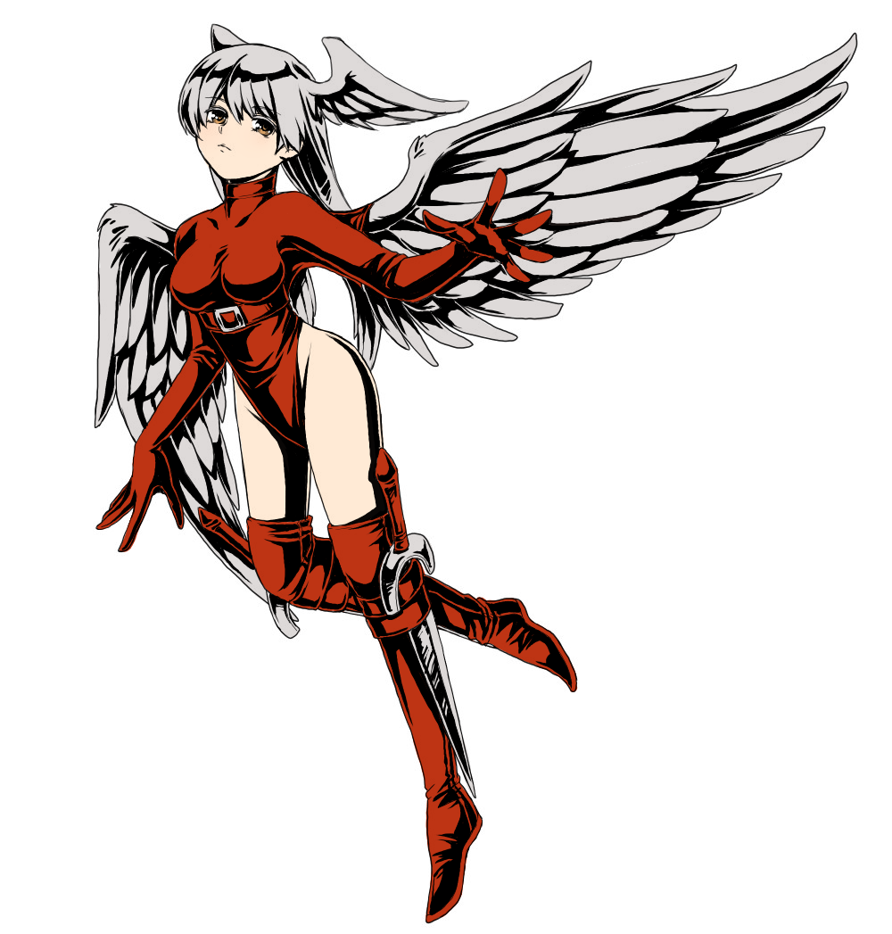 1girl angel_wings bangs belt boots breasts brown_eyes collarbone final_fantasy final_fantasy_tactics full_body head_wings holster leotard long_hair red_footwear red_legwear red_leotard silver_hair solo sword thigh-highs thigh_boots turtleneck ultima_(fft) weapon white_background wings