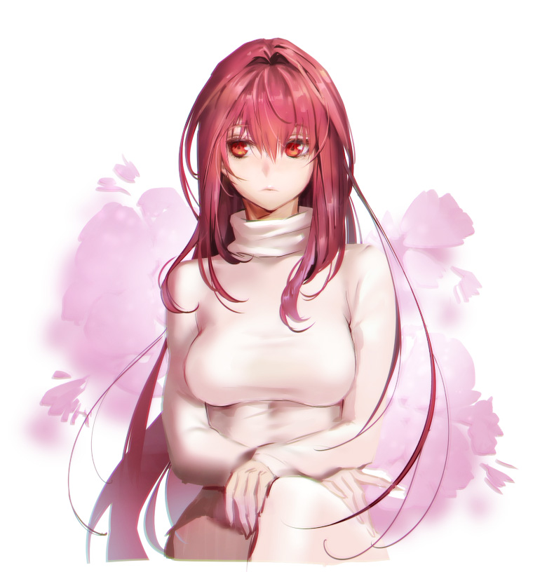 1girl fate/grand_order fate_(series) long_hair red_eyes redhead scathach_(fate/grand_order) sitting solo sweater tokoyama turtleneck turtleneck_sweater very_long_hair