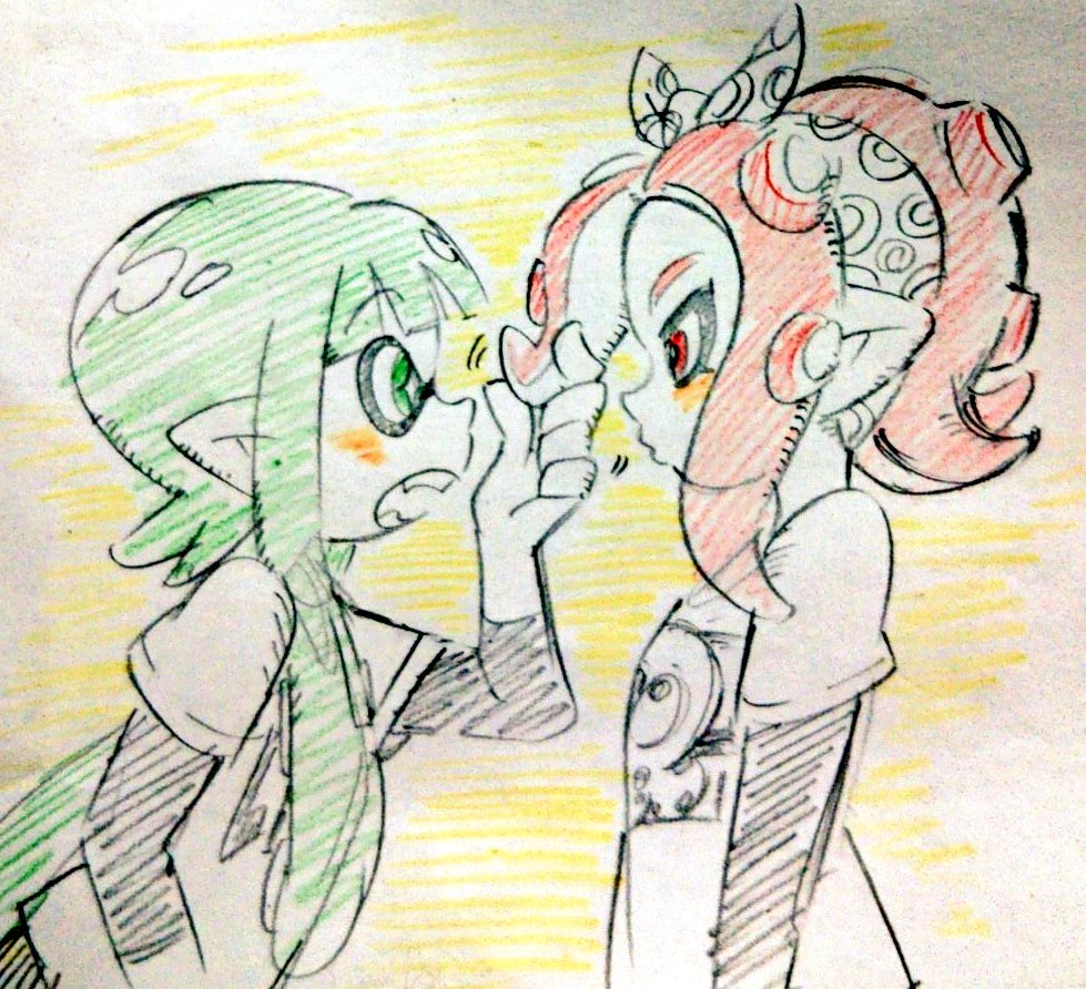 +_+ 2girls agent_8 bangs blunt_bangs color_trace colored_pencil_(medium) green_eyes green_hair inkling looking_at_another multiple_girls open_mouth pointy_ears red_eyes redhead splatoon splatoon_2 takozonesu tentacle_hair traditional_media upper_body