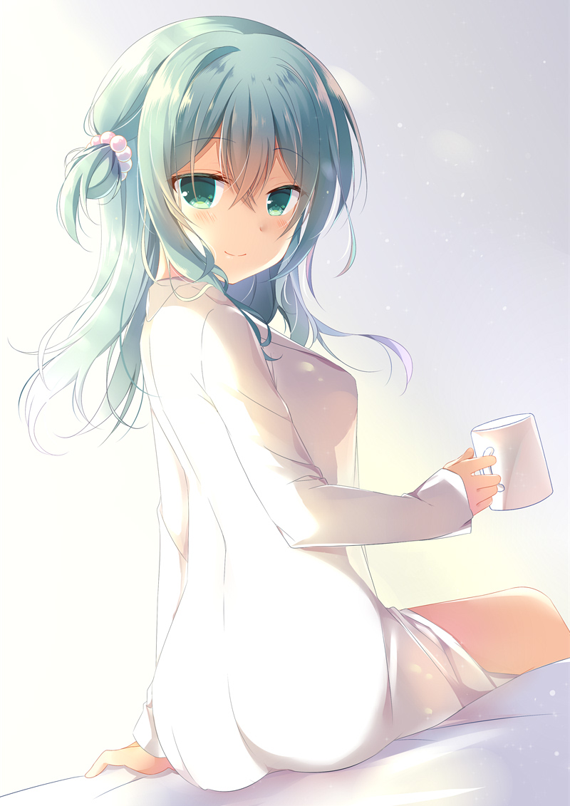 1girl aqua_eyes aqua_hair ass bangs bed bed_sheet blush breasts closed_mouth coffee_mug cup eyebrows_visible_through_hair from_side hair_bobbles hair_ornament holding_mug long_sleeves looking_at_viewer looking_to_the_side medium_breasts mug no_pants on one_side_up riddle_joker see-through see-through_silhouette shiiba_nae shikibu_mayu shiny shiny_hair shirt sitting smile solo sunlight white_shirt