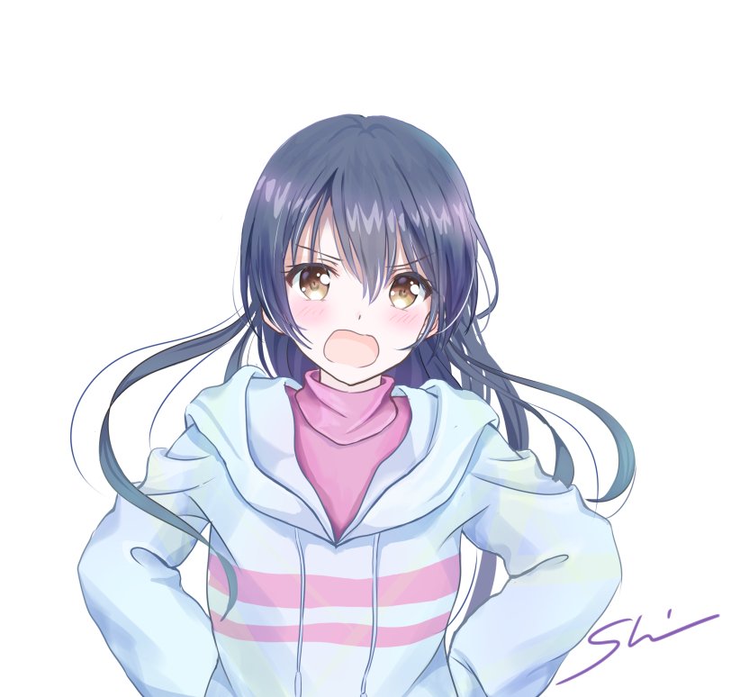 1girl angry bangs blue_hair blue_jacket blush commentary_request eyebrows_visible_through_hair frown hair_between_eyes hood hooded_jacket jacket long_hair looking_at_viewer love_live! love_live!_school_idol_project open_mouth shino_(shinderera) simple_background solo sonoda_umi upper_body v-shaped_eyebrows white_background yellow_eyes