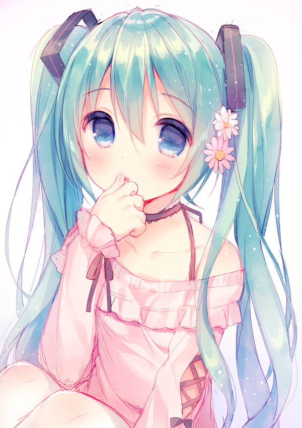 1girl bangs bare_shoulders blue_eyes blush collarbone commentary_request eyebrows_visible_through_hair fingernails flower green_hair hair_between_eyes hair_flower hair_ornament hand_to_own_mouth hatsune_miku long_hair long_sleeves off-shoulder_shirt pink_flower pink_shirt shirt simple_background solo tongue twintails usashiro_mani very_long_hair vocaloid white_background white_flower