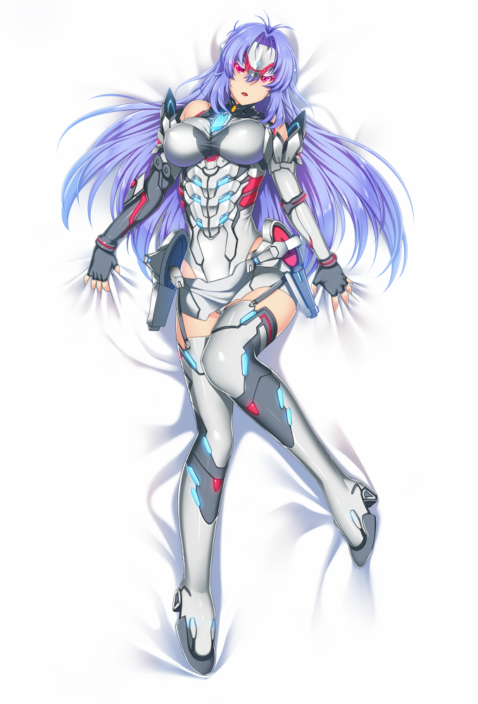 1girl android bare_shoulders bed_sheet blue_hair breasts dakimakura elbow_gloves expressionless forehead_protector gloves hair_between_eyes hair_spread_out kos-mos kos-mos_re: large_breasts leotard long_hair looking_at_viewer lying megatama on_back red_eyes sheet_grab solo standing thigh-highs very_long_hair white_leotard xenoblade xenoblade_2 xenosaga