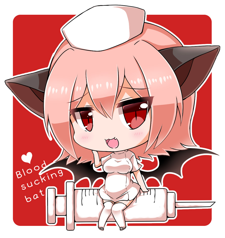 1girl :3 :d animal_ears bangs bat_ears bat_wings black_wings blush breasts chibi commentary_request dress eyebrows_visible_through_hair fang hair_between_eyes hat heart looking_at_viewer medium_breasts noai_nioshi nurse open_mouth original personification pink_hair red_eyes short_sleeves sidelocks sitting smile solo syringe thigh-highs white_dress white_footwear white_hat white_legwear wings