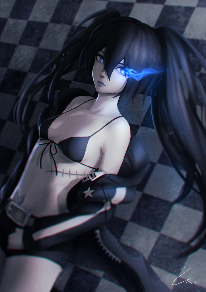 1girl bangs bare_shoulders belt_buckle bikini_top black_hair black_jacket black_rock_shooter black_rock_shooter_(character) black_shorts blue_eyes blue_lips blurry breasts brown_belt buckle burning_eye checkered checkered_background closed_mouth collarbone commission cowboy_shot dutch_angle expressionless floating_hair front-tie_bikini front-tie_top glowing glowing_eye hair_between_eyes jacket legs_together lips long_hair long_sleeves looking_at_viewer looking_to_the_side navel nose off_shoulder open_clothes open_jacket scar shade short_shorts shorts signature small_breasts solo standing star stomach string_bikini striped_jacket twintails umigraphics unzipped white_skin zipper zipper_pull_tab