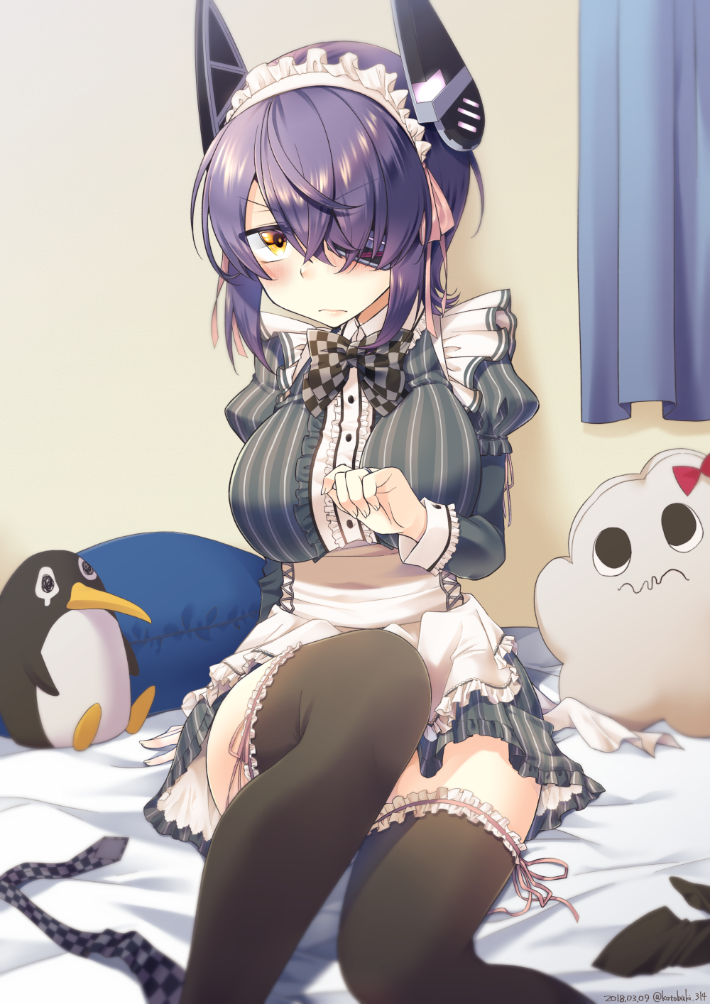 &gt;:( 1girl alternate_costume apron bed bed_sheet black_bow black_legwear black_neckwear blush bow breasts center_frills character_doll check_commentary checkered_bow closed_mouth commentary_request curtains dress enmaided eyepatch failure_penguin feet_out_of_frame frilled_apron frills grey_dress headgear highres juliet_sleeves kantai_collection knee_up kotobuki_(momoko_factory) large_breasts leg_garter long_sleeves looking_at_viewer maid maid_headdress miss_cloud necktie necktie_removed on_bed one_eye_covered petticoat pillow pink_ribbon puffy_sleeves purple_hair ribbon short_hair sitting solo striped tenryuu_(kantai_collection) thigh-highs vertical-striped_dress vertical_stripes waist_apron white_apron yellow_eyes
