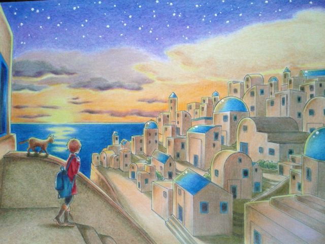 1boy asou_haruka backpack bag boots brown_hair cat cityscape cliff colored_pencil_(medium) commentary commentary_request door handrail house jacket looking_away ocean original scenery short_hair stairs sunset traditional_media twilight walking water watercolor_pencil_(medium) window