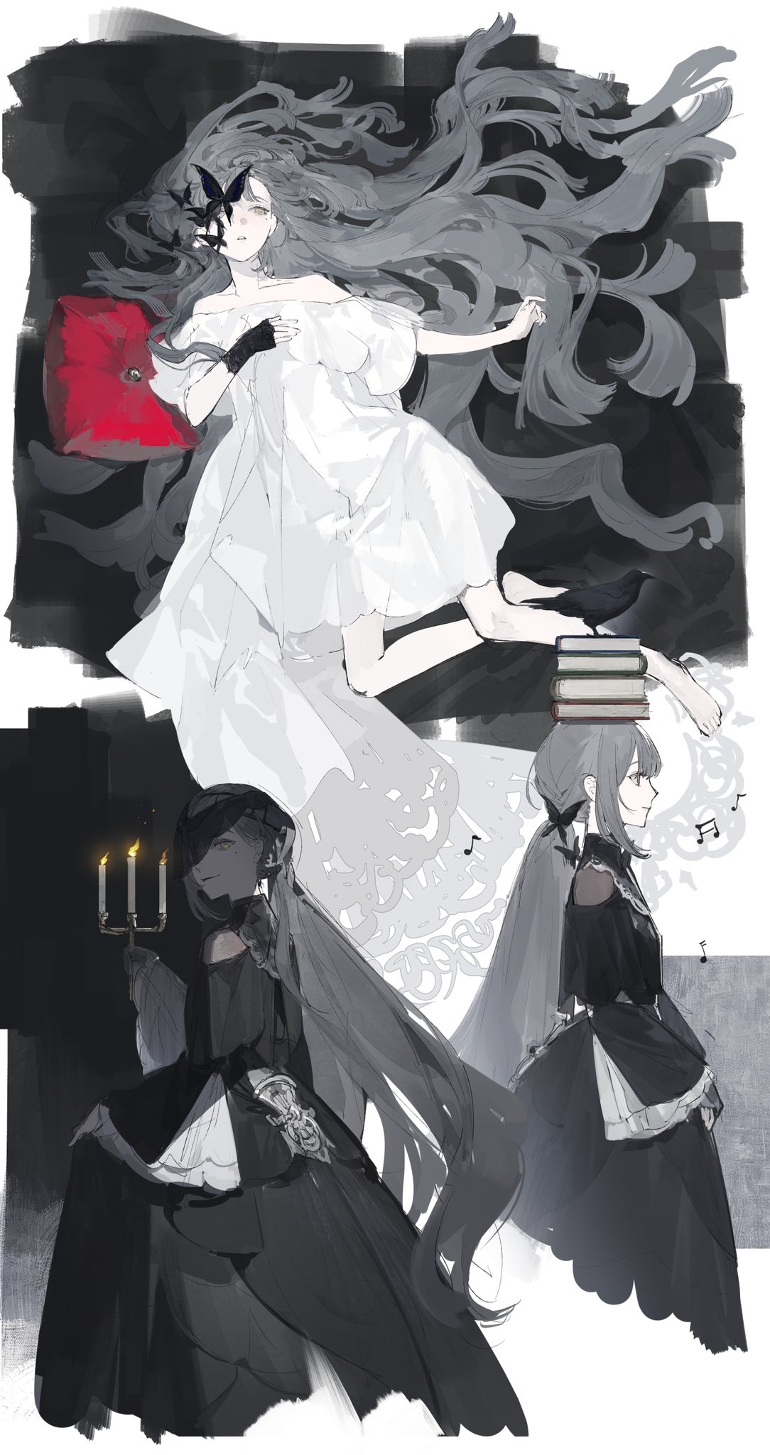 1girl bare_shoulders barefoot black_dress book book_on_head book_stack butterfly_over_eye candelabra candle clotho_(girls'_frontline_nc) dress girls'_frontline_neural_cloud girls_frontline grey_hair highres holding holding_candle long_hair lying meru02295238 mole mole_under_eye multiple_views musical_note object_on_head on_back one_eye_covered ponytail profile very_long_hair white_dress yellow_eyes