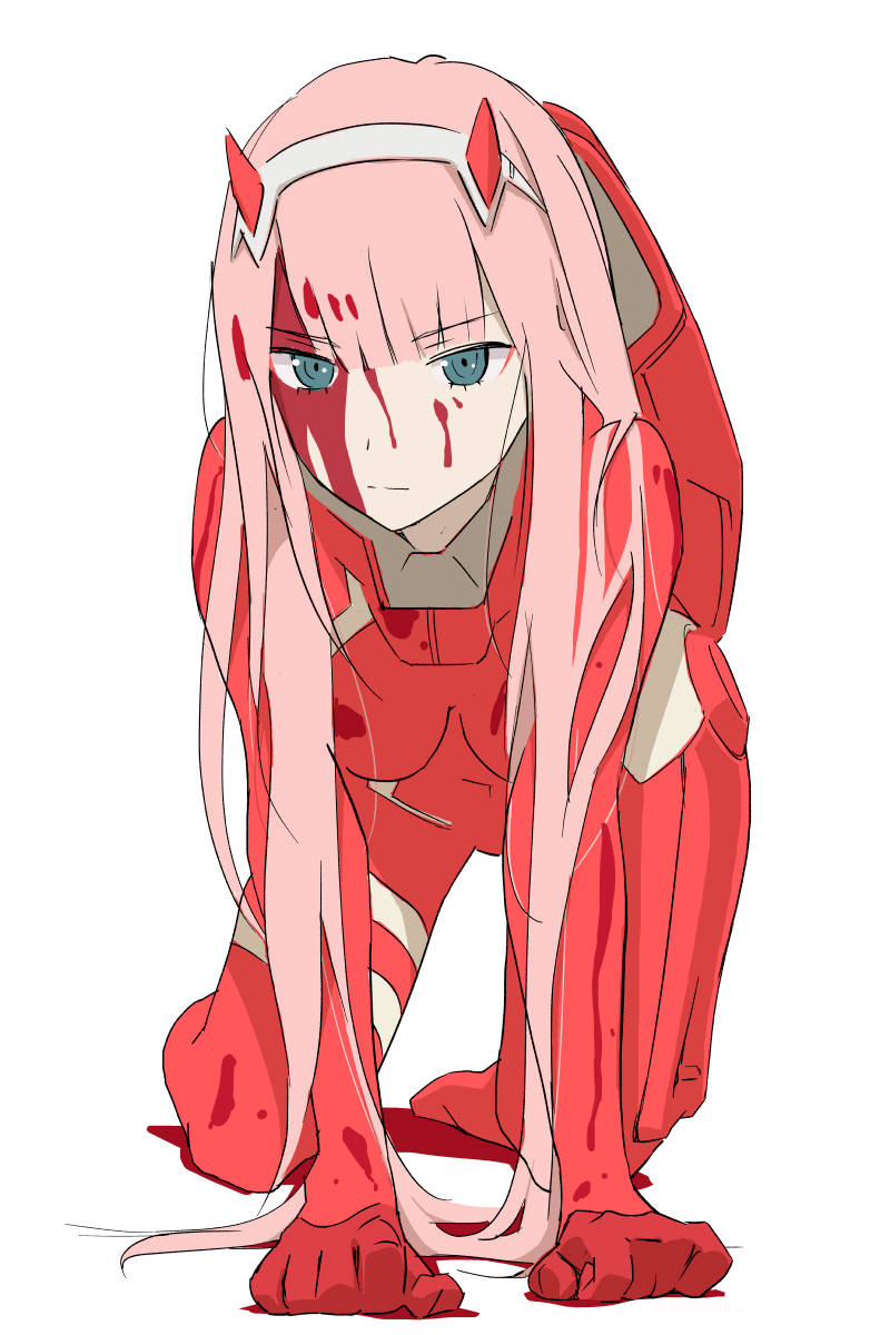 1girl akagi_(fmttps) all_fours aqua_eyes bangs blood blood_on_face bloody_clothes blunt_bangs bodysuit breasts clenched_hands darling_in_the_franxx eyebrows_visible_through_hair full_body headband highres horns long_hair looking_at_viewer medium_breasts pilot_suit pink_hair simple_background skin_tight solo very_long_hair white_background white_headband zero_two_(darling_in_the_franxx)