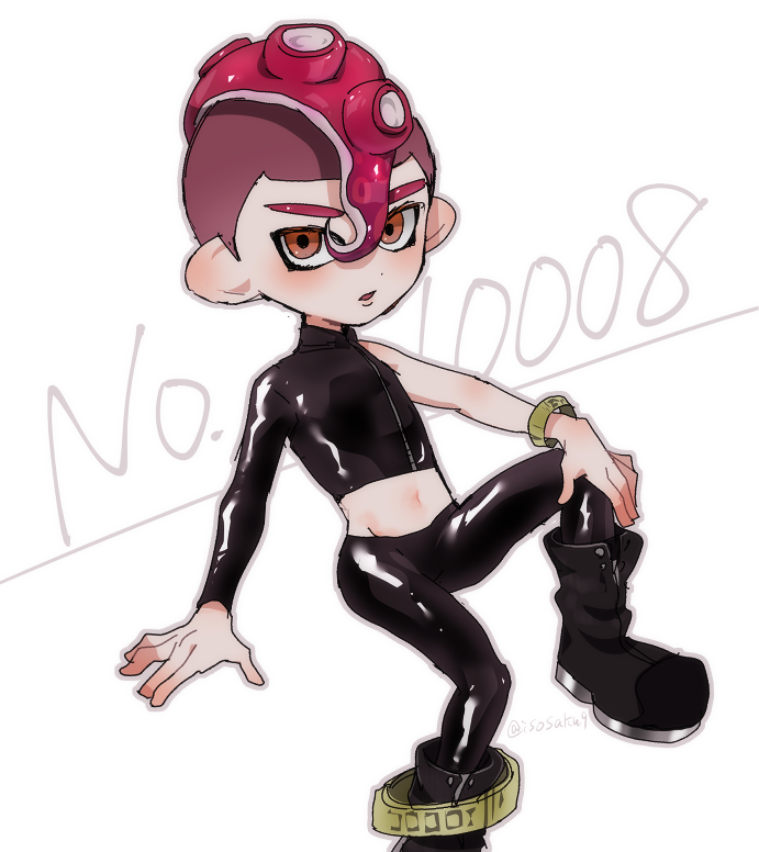 1boy agent_8 arm_support asymmetrical_clothes black_jacket black_pants boots brown_eyes jacket looking_at_viewer male_focus midriff mohawk octarian pants pink_hair simple_background sitting solo splatoon splatoon_2 takozonesu tentacle_hair twitter_username white_background