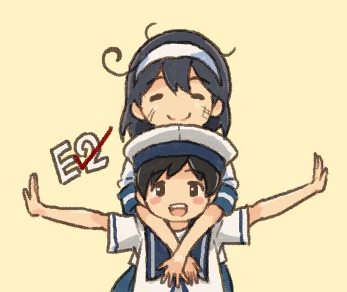 2girls ahoge black_hair blush_stickers brown_eyes brown_hair closed_eyes comic commentary_request hachimaki hat headband hiburi_(kantai_collection) hug hug_from_behind kantai_collection long_hair looking_at_viewer multiple_girls open_mouth otoufu outstretched_arms sailor_collar sailor_hat sailor_shirt school_uniform serafuku shirt short_hair short_sleeves smile spread_arms translation_request ushio_(kantai_collection) yellow_background