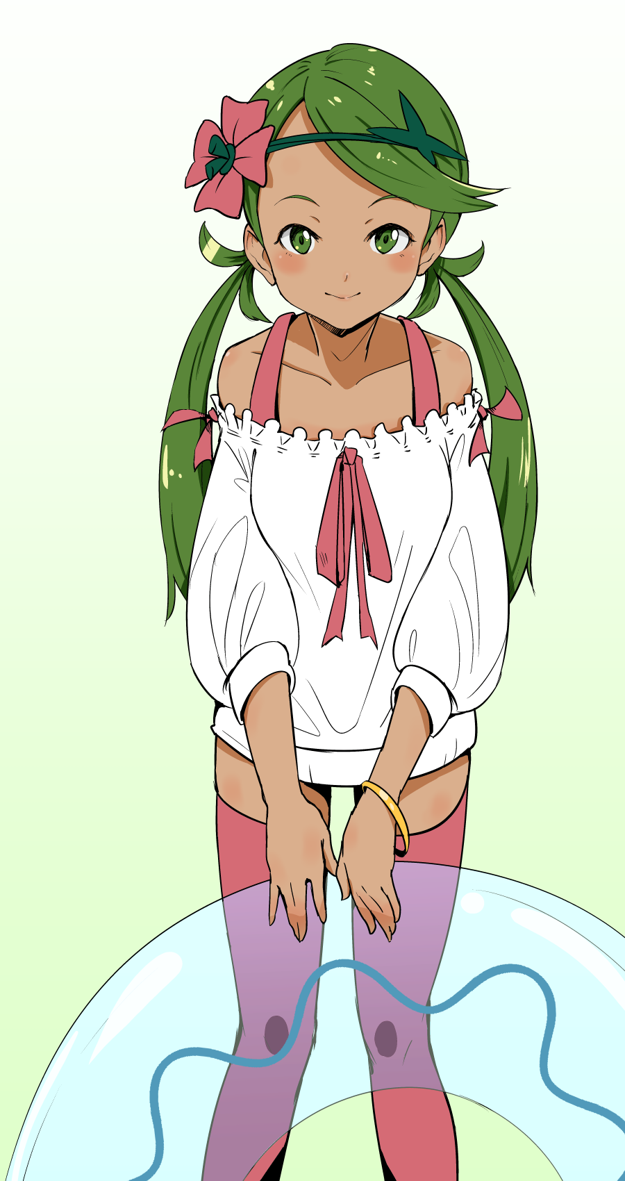 1girl alternate_costume bangle bangs bare_shoulders blush bracelet closed_mouth collarbone dress flower frilled_dress frills gradient gradient_background green_background green_eyes green_hair hair_flower hair_ornament headband highres innertube jewelry legs_apart long_sleeves looking_at_viewer low_twintails mallow_(pokemon) ninchan pink_legwear pink_ribbon pokemon pokemon_(game) pokemon_sm puffy_long_sleeves puffy_sleeves ribbon shirt smile solo standing swept_bangs thigh-highs transparent twintails white_dress white_shirt zettai_ryouiki