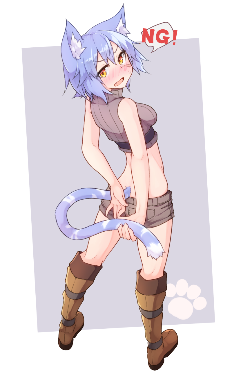 1girl animal_ears back bangs bare_arms belt blue_hair blush boots brown_footwear cat_ears cat_tail crop_top fang fingernails from_behind grey_background grey_sweater highres knee_boots kneepits looking_at_viewer looking_back open_mouth orange_eyes original paw_print ribbed_sweater ryota_tentei scar short_hair short_shorts shorts simple_background solo sweatdrop sweater tail tora_tentei