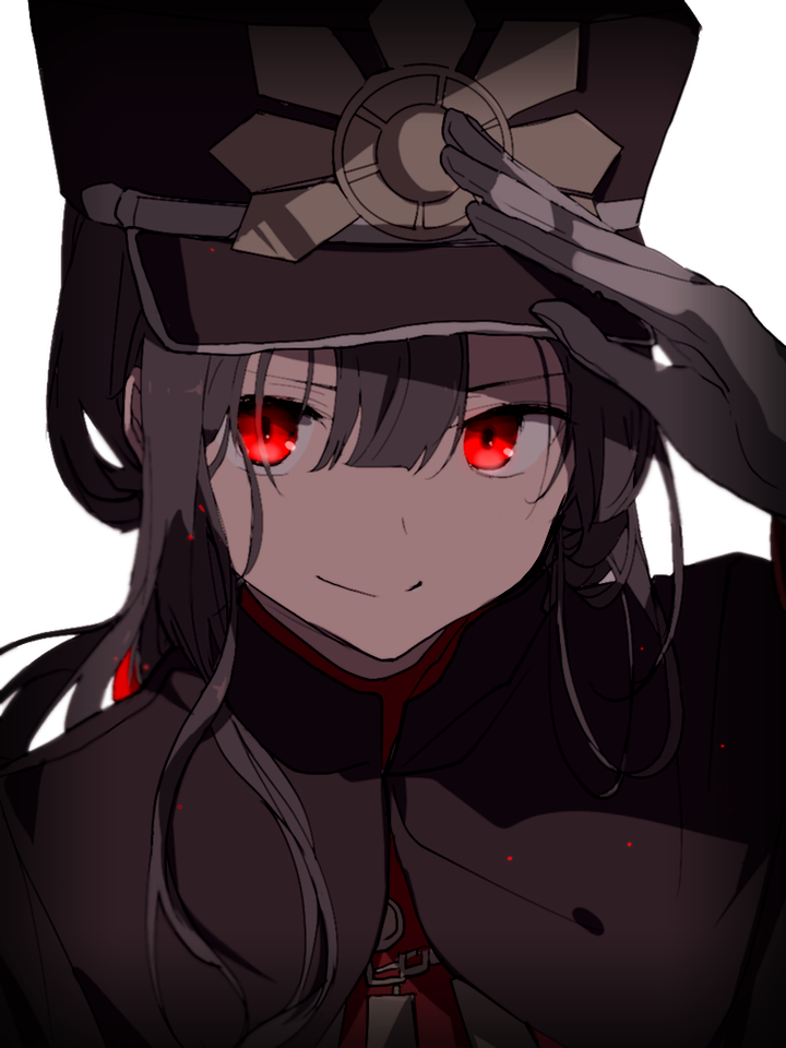 1boy androgynous black_hair cape closed_mouth commentary_request fate/grand_order fate_(series) gloves hair_between_eyes hand_up hat hiiragi_fuyuki long_hair long_sleeves looking_at_viewer male_focus oda_nobukatsu_(fate/grand_order) peaked_cap red_eyes salute simple_background smile solo upper_body white_background