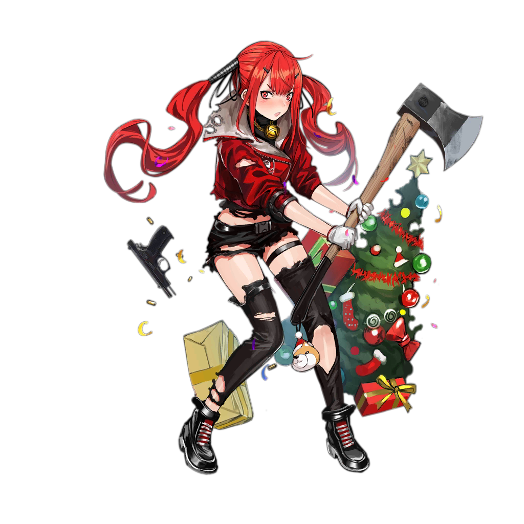 1girl axe blush cz-75 cz-75_(girls_frontline) girls_frontline gloves gun handgun infukun jacket jewelry long_hair looking_at_viewer necklace official_art pistol red_eyes redhead shell_casing shorts thigh-highs tree twintails weapon wide-eyed