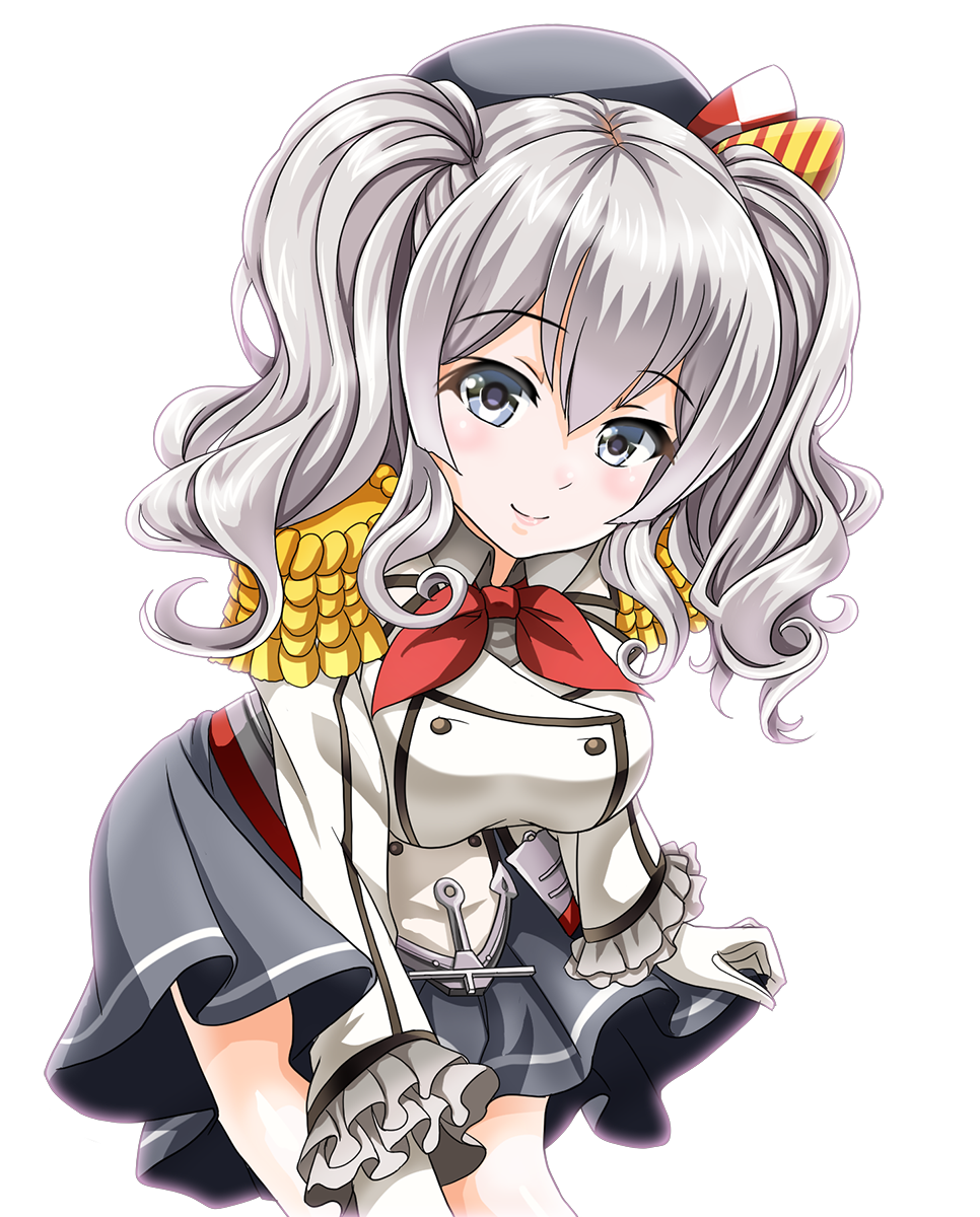 1girl bangs beret blue_eyes blush breasts buttons closed_mouth collared_shirt commentary_request cowboy_shot epaulettes eyebrows_visible_through_hair frilled_sleeves frills gloves grey_shirt hair_between_eyes hat highres jacket kantai_collection kashima_(kantai_collection) kerchief large_breasts long_hair long_sleeves looking_at_viewer military military_jacket military_uniform miniskirt neckerchief pleated_skirt red_neckwear shirt sidelocks silver_hair skirt skirt_hold smile tk8d32 tsurime twintails uniform wavy_hair white_background white_gloves white_jacket