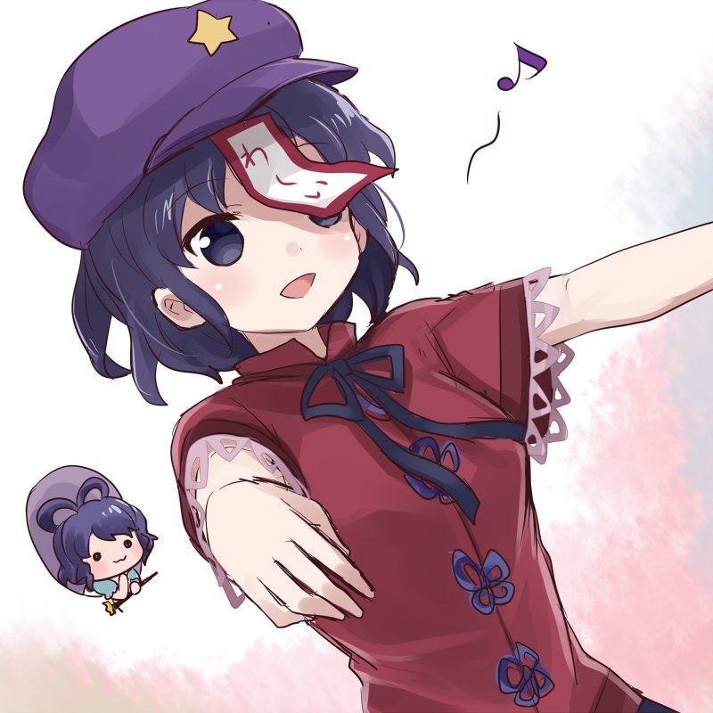 2girls :3 black_neckwear blue_eyes blue_hair dutch_angle ear flat_cap hair_ornament hair_stick hat hole jiangshi kaku_seiga madanai_(morisumeshi) miyako_yoshika multiple_girls musical_note neck_ribbon ofuda open_mouth outstretched_arms purple_hat red_shirt ribbon shirt short_hair short_sleeves solo_focus star touhou upper_body zombie_pose