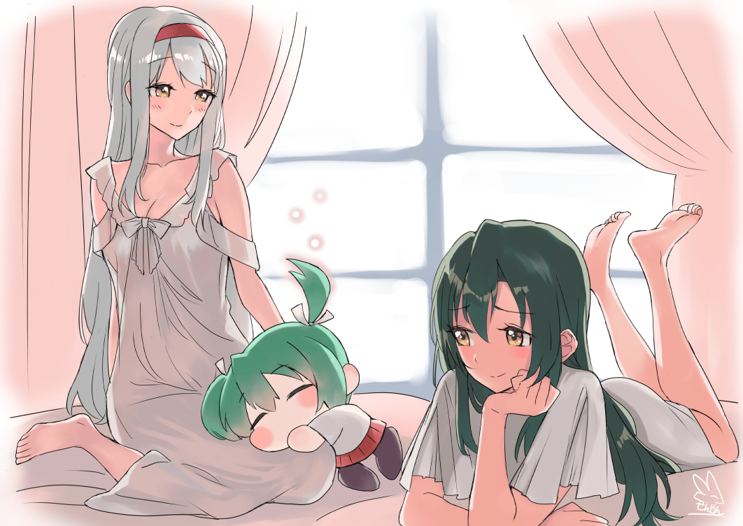 barefoot chibi curtains hair_ribbon kantai_collection lingerie long_hair multiple_girls negligee nightgown on_bed pajamas pillow ribbon sensen shoukaku_(kantai_collection) twintails underwear white_ribbon window zuikaku_(kantai_collection)