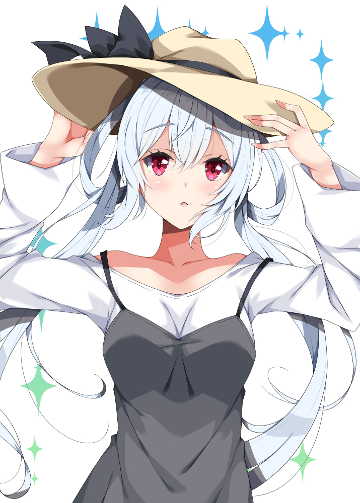 1girl bangs bare_shoulders black_bow black_dress blush bow breasts brown_hat commentary_request dress eyebrows_visible_through_hair hair_between_eyes hair_rings hand_on_headwear hat hat_bow long_sleeves looking_at_viewer matoi_(pso2) medium_breasts milkpanda off-shoulder_shirt parted_lips phantasy_star phantasy_star_online_2 shirt silver_hair simple_background sleeveless sleeveless_dress solo sparkle twintails violet_eyes white_background white_shirt