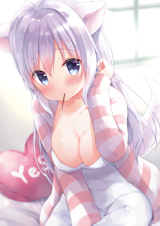 1girl amedamacon animal_ears bangs bed bed_sheet between_breasts blue_eyes blurry blurry_background blush breasts cardigan cleavage collarbone cowboy_shot dress eyebrows_visible_through_hair food fox hand_between_breasts hand_in_hair indoors long_hair looking_at_viewer mouth_hold original pocky pocky_kiss shared_food sidelocks sitting white_dress white_hair yes-no_pillow