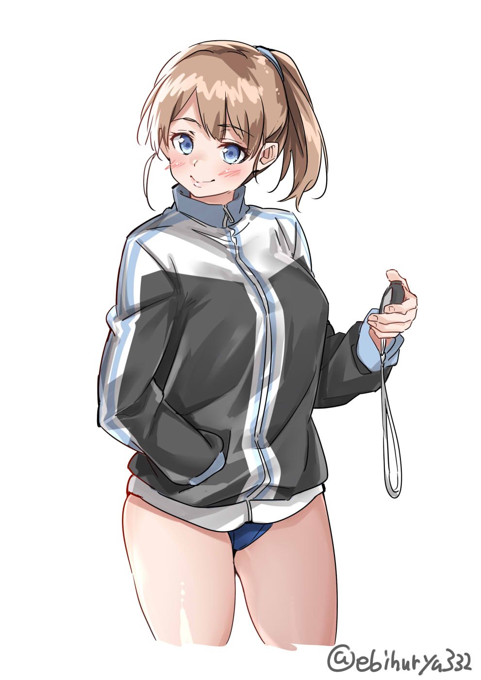 1girl adapted_costume black_jacket blue_eyes brown_hair cowboy_shot ebifurya hand_in_pocket highres intrepid_(kantai_collection) jacket kantai_collection ponytail short_hair simple_background smile solo stopwatch swimsuit swimsuit_under_clothes track_jacket twitter_username watch white_background