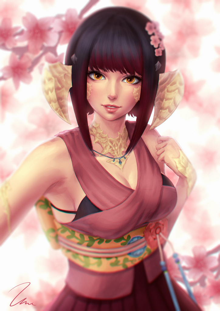 1girl armpits au_ra bangs bare_shoulders black_bra black_hair blunt_bangs blurry bra branch breasts brown_eyes cleavage collarbone commission dragon_girl dragon_horns final_fantasy final_fantasy_xiv flower gradient_hair hair_flower hair_ornament hand_up head_tilt horns jewelry lips looking_at_viewer makeup mascara medium_breasts multicolored multicolored_eyes multicolored_hair necklace outstretched_arm parted_lips pink_flower pleated_skirt red_skirt redhead sash scales short_hair_with_long_locks sidelocks signature skirt sleeveless smile solo umigraphics underwear yellow_eyes