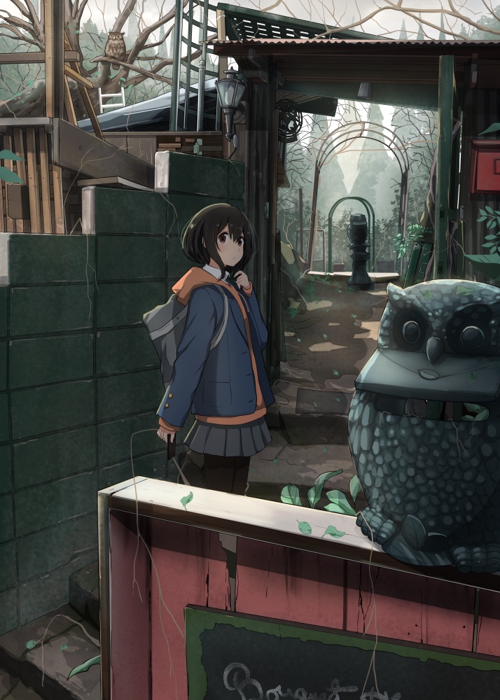 1girl bag bare_tree bird black_hair black_legwear blazer brown_eyes garden hood hoodie jacket ladder looking_at_viewer looking_to_the_side mailbox original owl pantyhose path plant road sakeharasu scenery school_bag school_uniform short_hair sign solo stairs tree vines