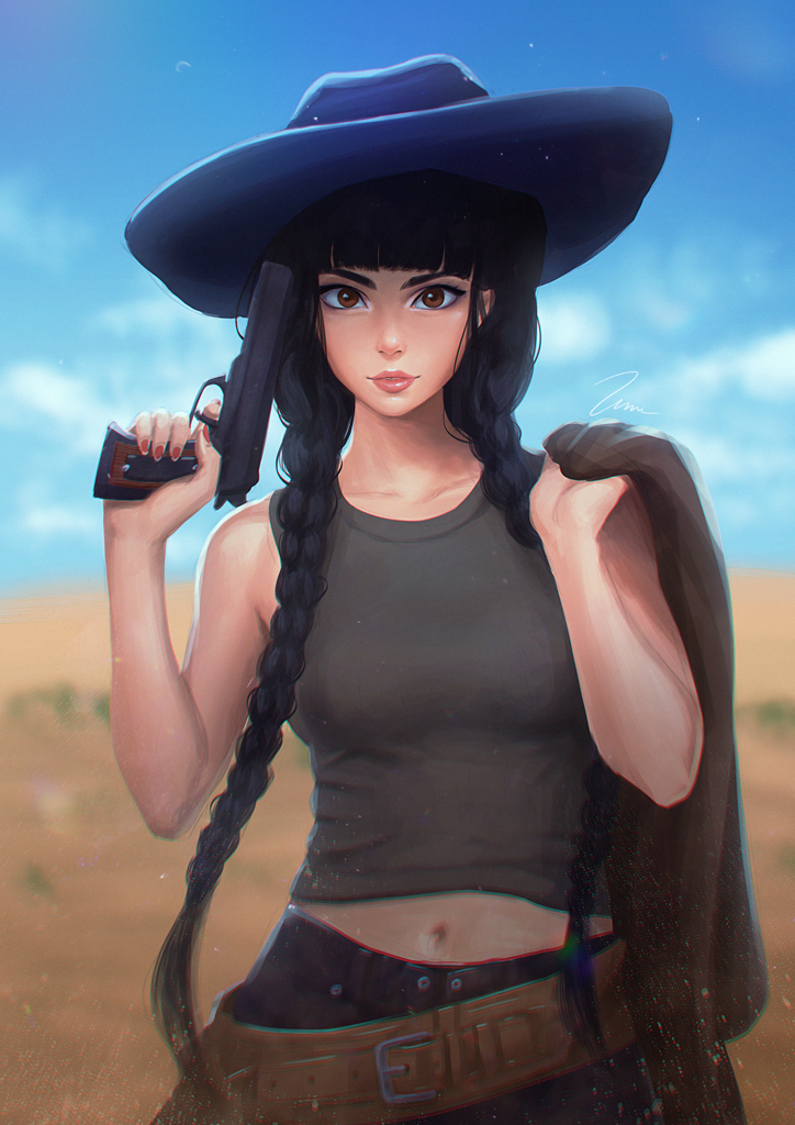1girl bangs bare_arms bare_shoulders belt belt_buckle black_hair black_pants blue_hat blue_sky blunt_bangs blurry blurry_background braid breasts brown_belt brown_eyes buckle clouds collarbone commission cowboy_hat cowboy_shot day depth_of_field desert finger_on_trigger grey_tank_top gun hair_over_shoulder handgun hat holding holding_gun holding_jacket holding_weapon horizon jacket lips long_hair looking_at_viewer nail_polish navel original outdoors pants parted_lips red_nails sand signature sky small_breasts solo standing tank_top twin_braids umigraphics v-shaped_eyebrows weapon