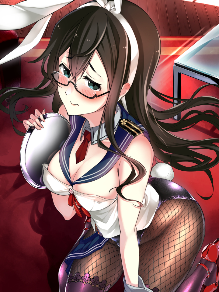 1girl adapted_costume animal_ears black_hair black_leotard blush breasts bunny_tail bunnysuit cleavage collarbone detached_collar embarrassed fake_animal_ears fake_tail fishnets from_above glasses high_heels indoors kantai_collection kneeling leotard long_hair looking_at_viewer medium_breasts nose_blush ooyodo_(kantai_collection) rabbit_ears red_footwear sailor_collar solo tail thigh-highs white_headband white_leotard youmou_usagi