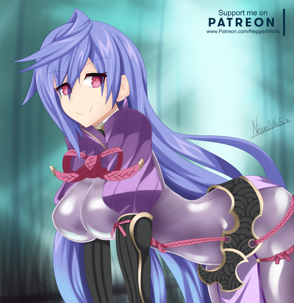 1girl bent_over blue_hair cosplay eyebrows_visible_through_hair fate_(series) iris_heart kami_jigen_game_neptune_v long_hair looking_at_viewer minamoto_no_raikou_(fate/grand_order) minamoto_no_raikou_(fate/grand_order)_(cosplay) neppedwaifu neptune_(series) patreon_username power_symbol red_eyes signature smile solo symbol-shaped_pupils