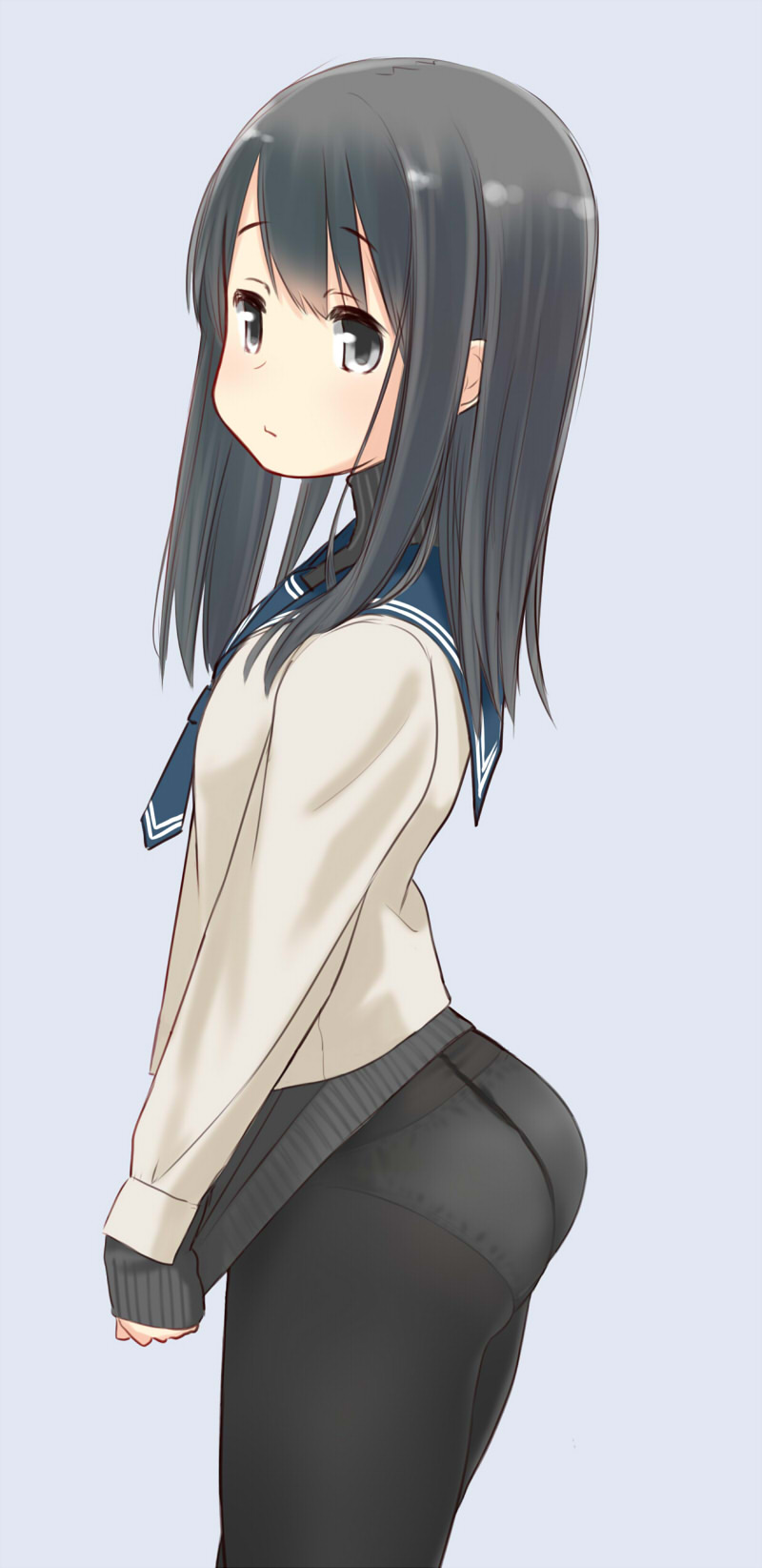 1girl ass black_eyes black_hair black_legwear clothes_tug from_side grey_background highres long_hair long_sleeves looking_at_viewer neckerchief no_pants original panties panties_under_pantyhose pantyhose retsumaru sailor_collar school_uniform serafuku shirt simple_background sleeves_past_wrists solo sweater sweater_tug underwear white_panties