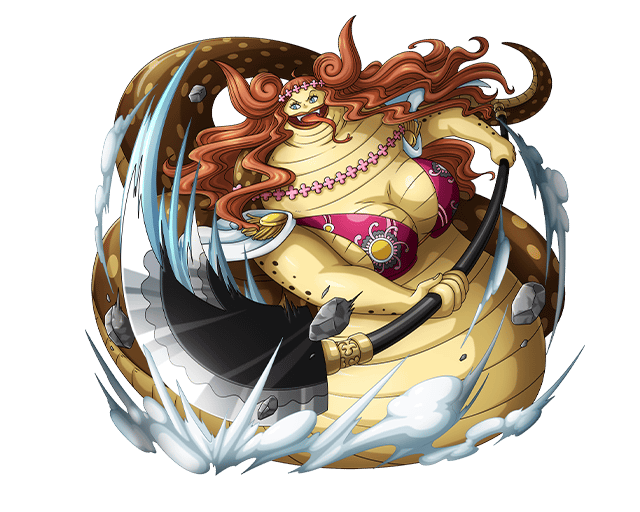 1girl blue_eyes boa_marigold bodskih breasts cape cleavage curly_hair epaulettes fangs fat flower forked_tongue hair_flower hair_ornament lamia large_breasts long_hair monster_girl naginata official_art one_piece open_mouth orange_hair polearm snake_tail solo tail tongue transparent_background weapon