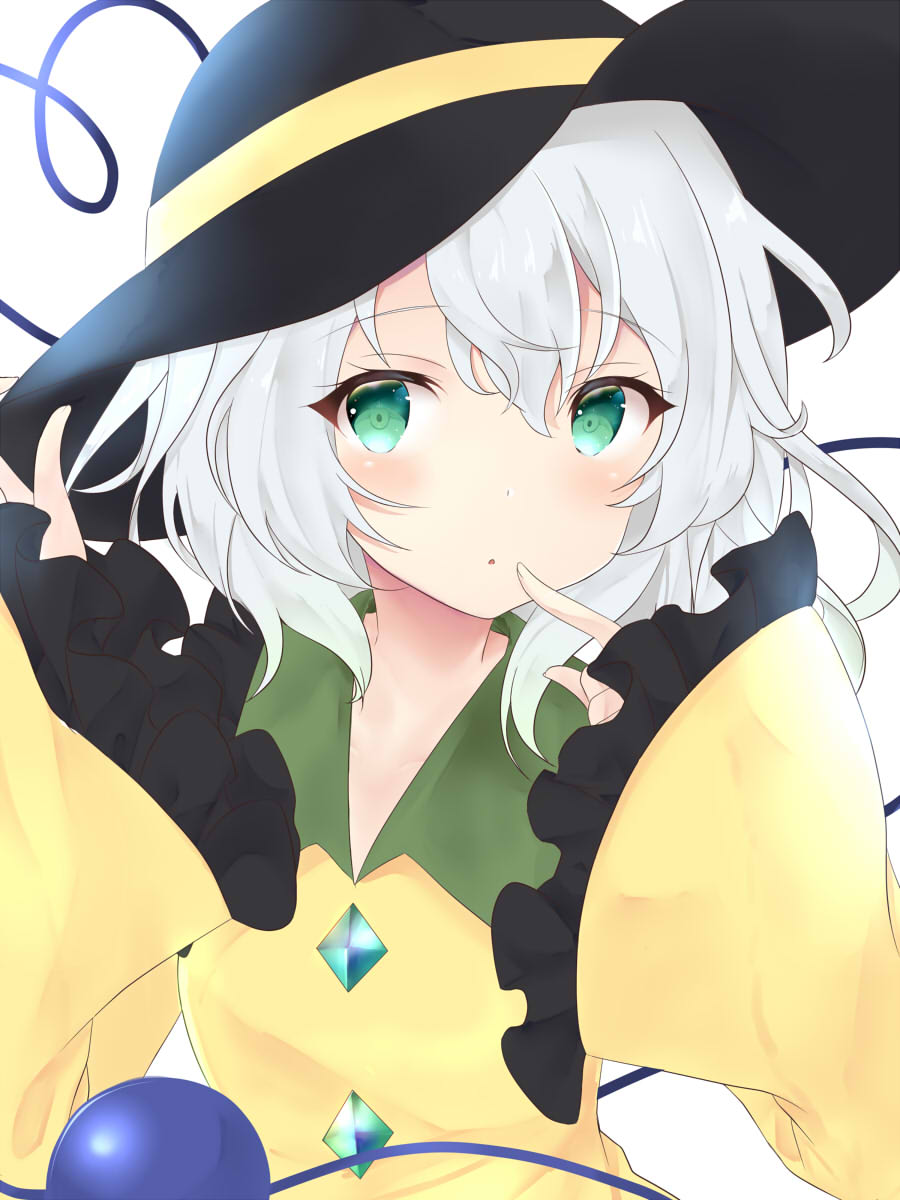 1girl black_hat blush collared_shirt green_eyes hair_between_eyes hand_to_own_mouth hat hat_ribbon heart heart_of_string highres index_finger_raised komeiji_koishi looking_at_viewer medium_hair open_mouth ribbon ribbon-trimmed_sleeves ribbon_trim shirt silver_hair simple_background solo third_eye touhou white_background wide_sleeves yellow_ribbon yellow_shirt