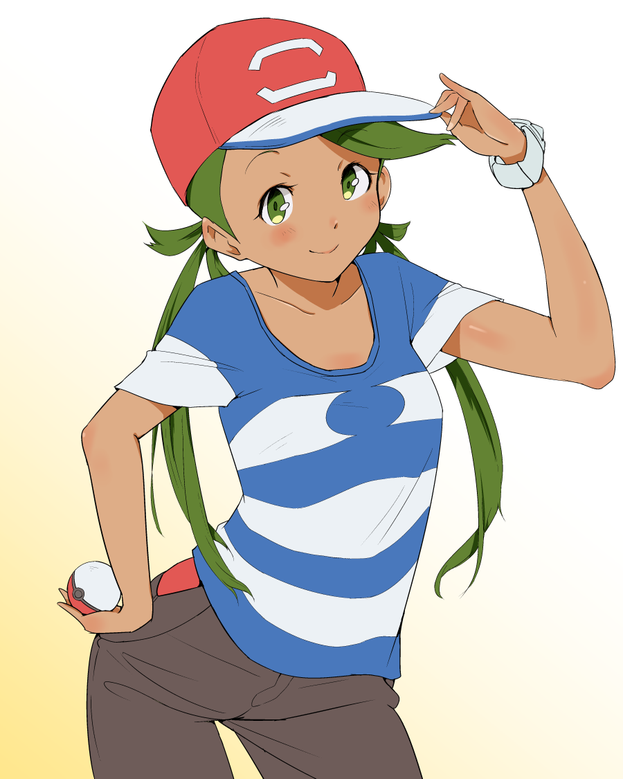 arm_up bangs baseball_cap black_pants blue_shirt bracelet closed_mouth collarbone contrapposto cosplay cowboy_shot eyebrows_visible_through_hair gradient gradient_background hand_on_headwear hat holding holding_poke_ball jewelry long_hair looking_at_viewer low_twintails mallow_(pokemon) ninchan pants poke_ball pokemon pokemon_(anime) pokemon_(game) pokemon_sm red_hat satoshi_(pokemon) satoshi_(pokemon)_(cosplay) shirt short_sleeves smile standing striped striped_shirt swept_bangs twintails white_background
