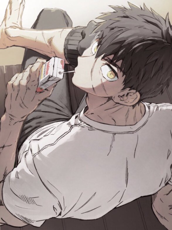 1boy barefoot black_hair casual doudanuki_masakuni drinking from_above juice_box katatei legs_crossed looking_at_viewer male_focus porch pov scar shirt sitting solo t-shirt touken_ranbu white_shirt yellow_eyes