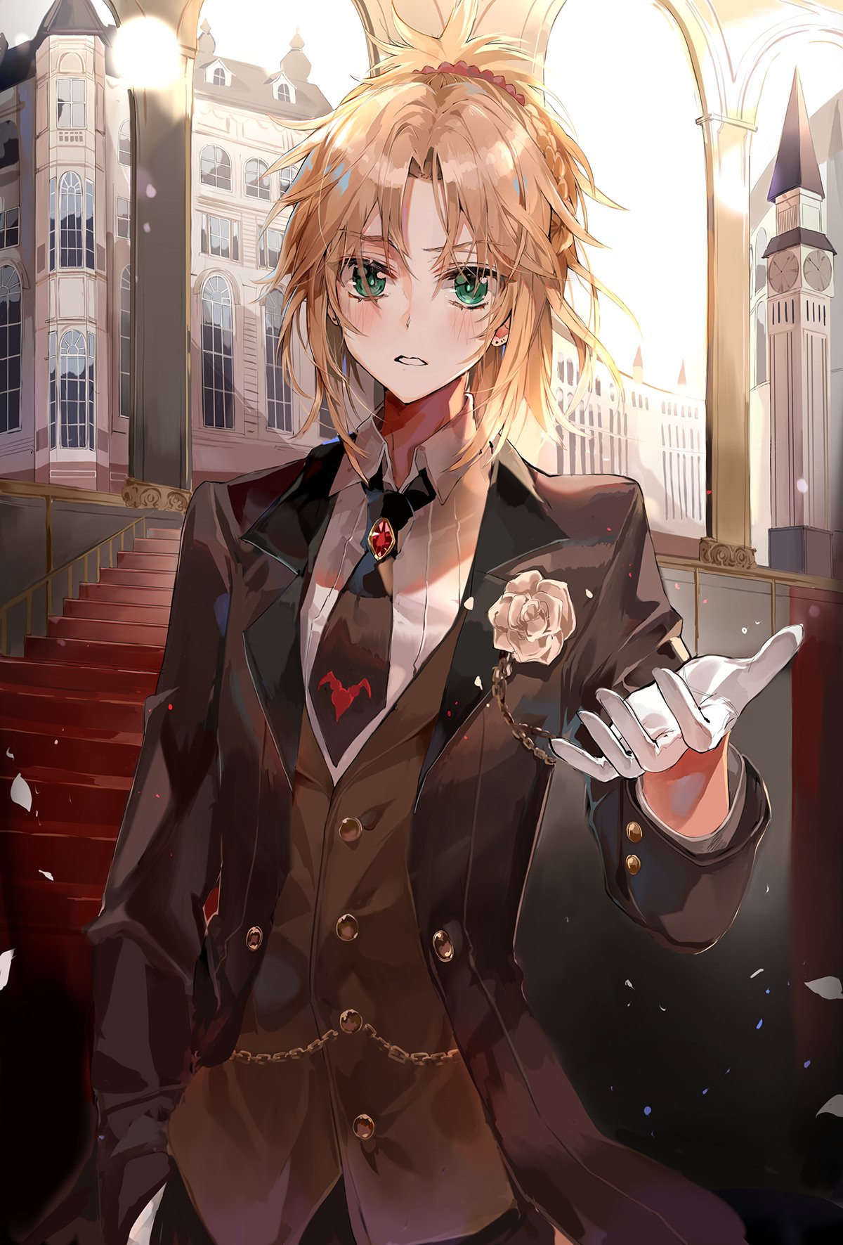 1girl b_rock bangs black_jacket black_neckwear blonde_hair blush building clock collared_shirt commentary_request crossdressinging day fate/apocrypha fate_(series) flower formal gem gloves green_eyes hair_ornament hair_scrunchie hand_in_pocket highres jacket long_hair long_sleeves looking_at_viewer messy_hair mordred_(fate) mordred_(fate)_(all) necktie open_clothes open_jacket parted_bangs parted_lips ponytail reaching_out rose scrunchie shiny shiny_hair shirt solo stairs suit tomboy upper_body v-shaped_eyebrows white_flower white_gloves white_rose white_shirt wing_collar