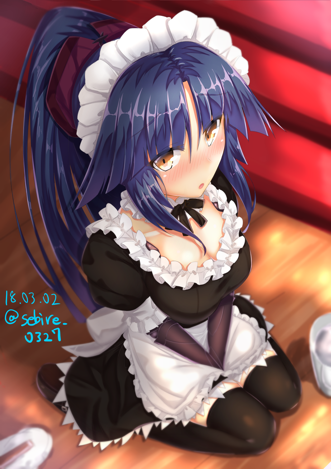 1girl alternate_costume apron bangs black_dress black_hair black_legwear blush breasts dress enmaided fate/grand_order fate_(series) from_above highres katou_danzou_(fate/grand_order) long_hair looking_at_viewer maid maid_apron maid_headdress medium_breasts ponytail robot_joints sebire seiza short_sleeves sitting solo thigh-highs waist_apron yellow_eyes