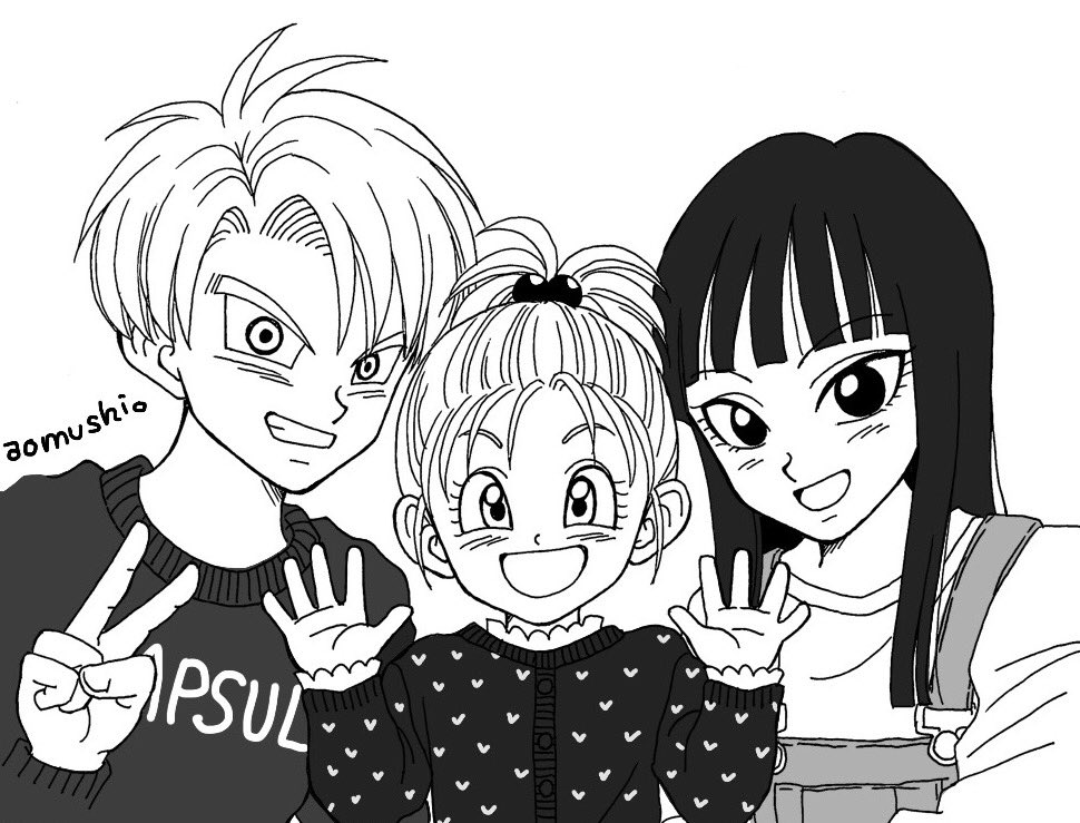 1boy 2girls :d artist_name black_eyes black_hair bra_(dragon_ball) brother_and_sister capsule_corp dragon_ball dragonball_z eyebrows_visible_through_hair greyscale hands_up happy long_hair long_sleeves looking_at_viewer mai_(dragon_ball) monochrome multiple_girls open_mouth overalls ponytail short_hair siblings simple_background smile trunks_(dragon_ball) v white_background