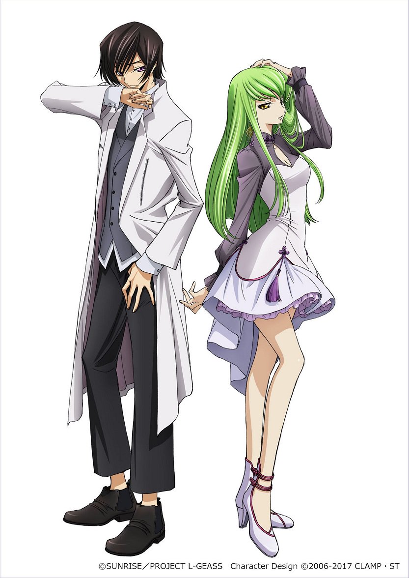 1boy 1girl arm_up bare_legs black_footwear black_hair black_pants breasts c.c. chiba_yuriko cleavage_cutout code_geass commentary_request company_name dress green_hair grey_dress grey_vest hand_on_own_head high_heels jacket lavender_footwear layered_dress lelouch_lamperouge light_smile long_hair looking_at_viewer medium_breasts official_art pants shirt shoes simple_background vest violet_eyes watermark white_background white_jacket white_shirt yellow_eyes