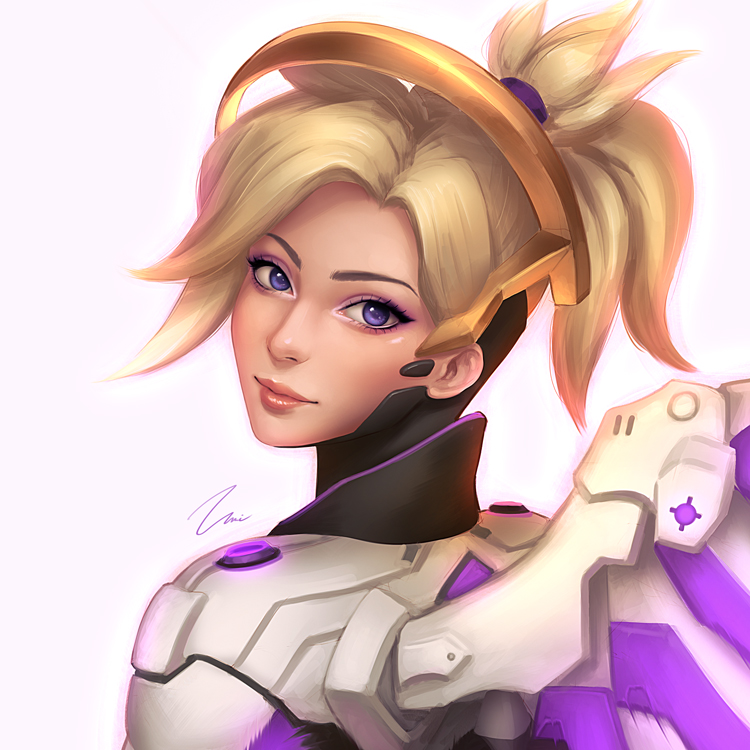 1girl armor blonde_hair bodysuit closed_mouth commission eyeliner from_behind hair_tie lips looking_at_viewer looking_back makeup mascara mechanical_halo mechanical_wings mercy_(overwatch) nose overwatch ponytail portrait short_hair short_ponytail signature simple_background smile solo turtleneck umigraphics violet_eyes white_armor white_background wings