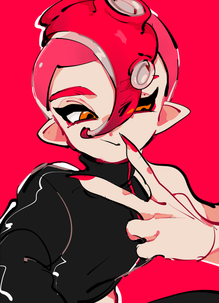 1boy agent_8 asymmetrical_clothes black_shirt fingernails multiple_boys nail_polish octarian orange_eyes pink_background pink_hair pink_nails pointy_ears sharp_fingernails shirt simple_background solo splatoon splatoon_2 takozonesu tentacle_hair upper_body v