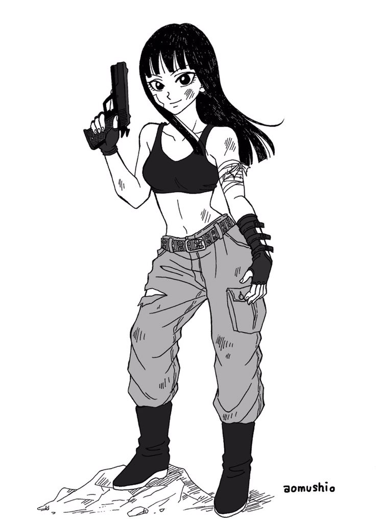 1girl artist_name bandage belt black_eyes black_hair boots bra dirty dirty_clothes dirty_face dragon_ball fingerless_gloves fingernails gloves gun happy long_hair looking_at_viewer mai_(dragon_ball) monochrome pants simple_background smile solo_focus sports_bra standing underwear weapon white_background