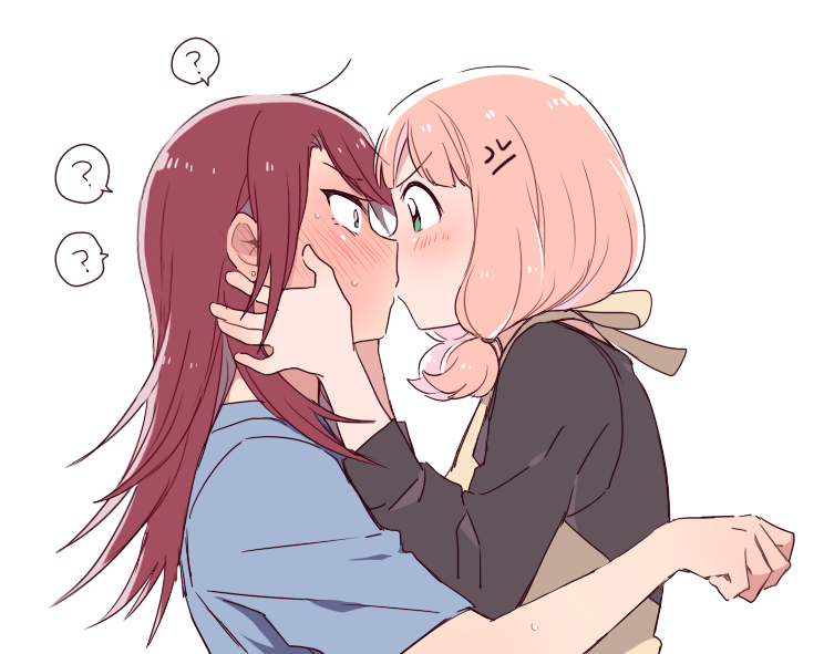 2girls ? anger_vein angry bang_dream! black_shirt blue_shirt blush clenched_hand earrings from_side full-face_blush green_eyes hands_on_another's_face jewelry kiss long_hair long_sleeves low_twintails medium_hair multiple_girls pink_hair re_ghotion redhead shirt short_sleeves simple_background spoken_question_mark twintails udagawa_tomoe uehara_himari upper_body v-shaped_eyebrows white_background wide-eyed yuri