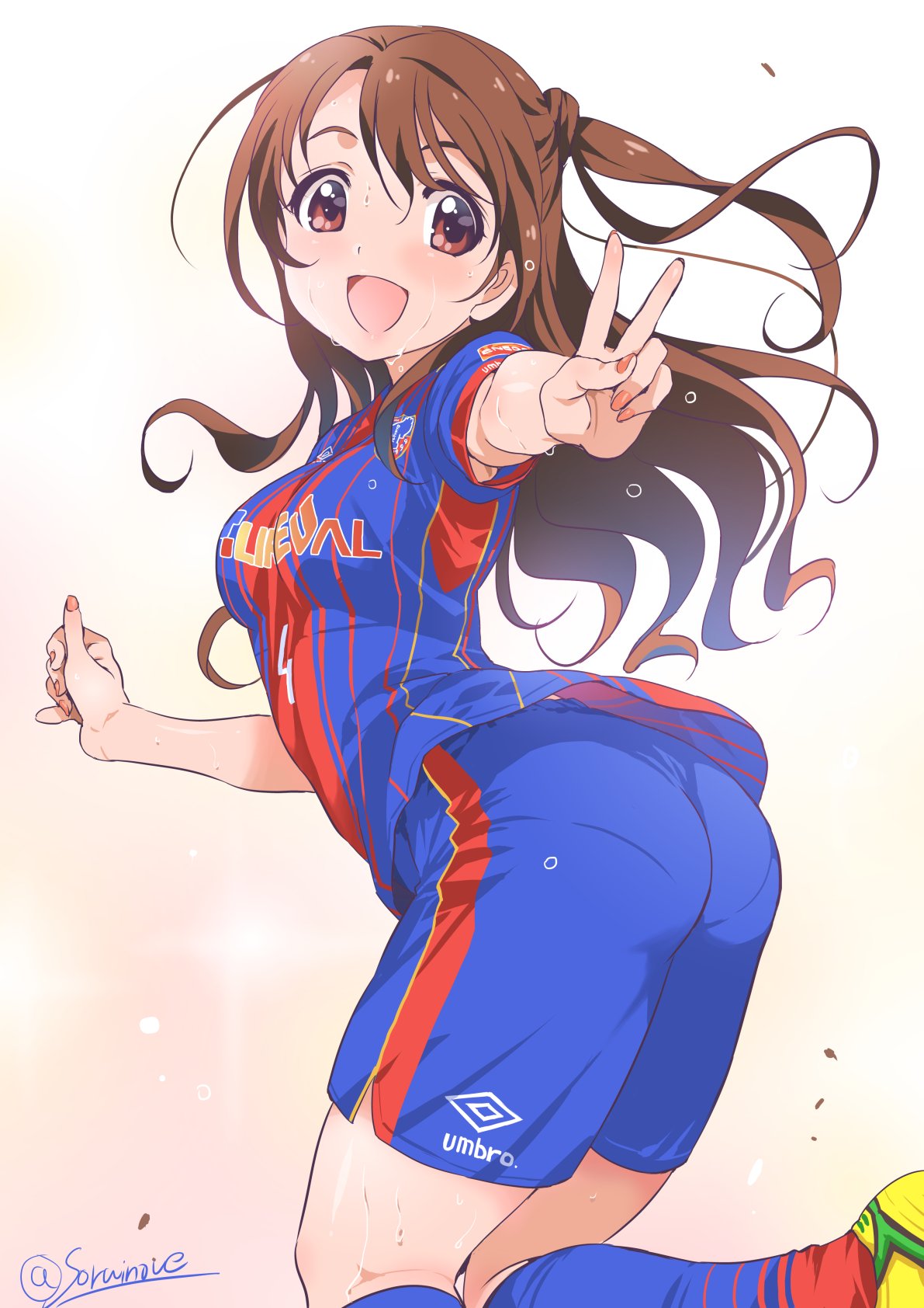 1girl armpit_peek artist_name ass brown_eyes brown_hair fc_tokyo fingernails floating_hair from_behind highres idolmaster idolmaster_cinderella_girls inoue_sora j._league long_hair looking_at_viewer looking_back one_side_up open_mouth pantylines shimamura_uzuki simple_background smile soccer_uniform solo sportswear sweat twitter_username v white_background