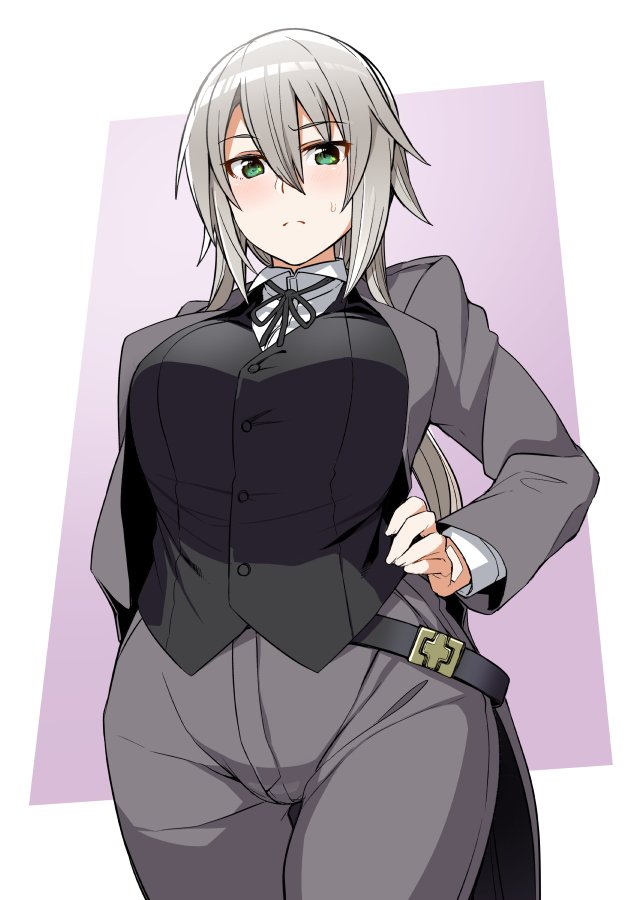 1girl breasts formal green_eyes large_breasts long_hair long_sleeves looking_at_viewer pants silver_hair solo suit tsukinami_kousuke