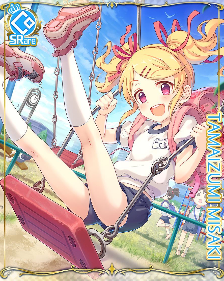 1girl backpack bag blonde_hair card_(medium) child clock cygames floral_print gym_uniform hair_ribbon official_art princess_connect! randoseru ribbon swing_set swinging tamaizumi_misaki two_side_up